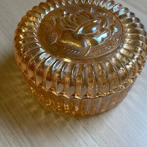 Vintage Glass Trinket Box Peach Colored Carnival Glass, 5.5” wide, Rose on lid